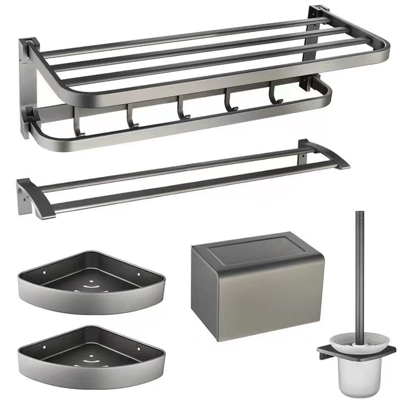 Set kupaonskih dodataka od aluminijske legure: zidni vješalica za ručnike, vodoravni držač, držač papira, kukice i držač četkice za zahod; pet komada, anodizirani površina, moderan minimalistički stil