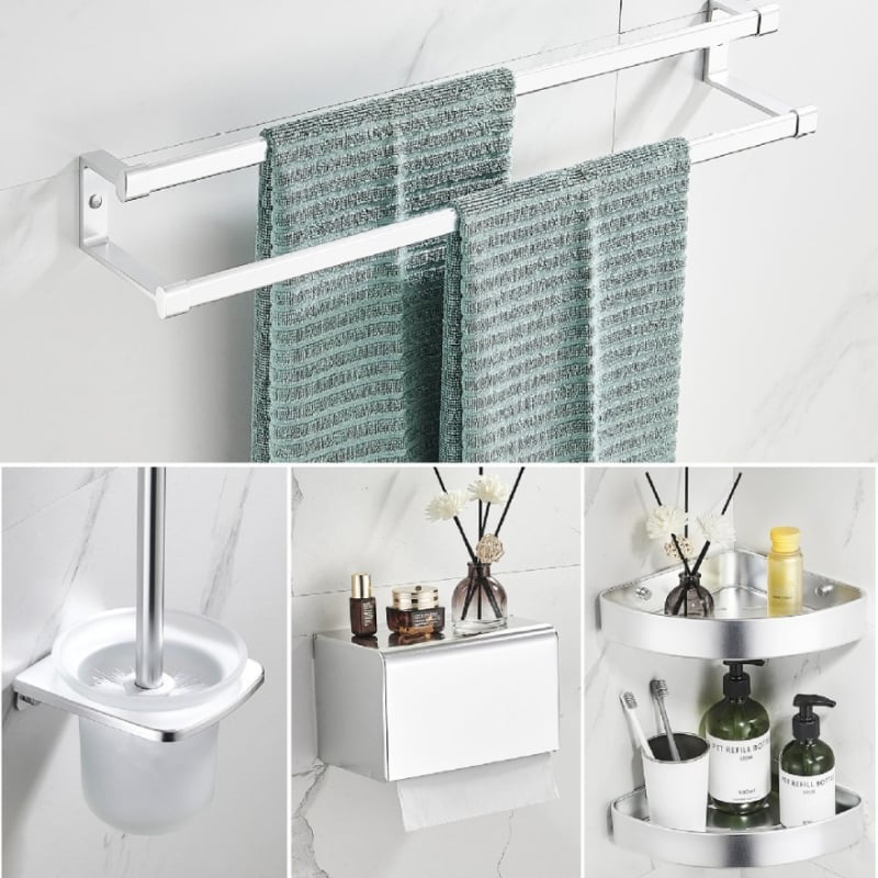 Set kupaonskih dodataka od aluminijske legure: zidni vješalica za ručnike, vodoravni držač, držač papira, kukice i držač četkice za zahod; pet komada, anodizirani površina, moderan minimalistički stil