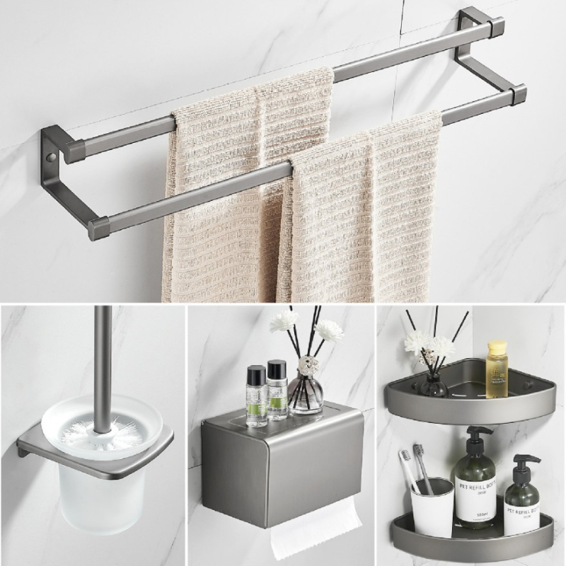 Set kupaonskih dodataka od aluminijske legure: zidni vješalica za ručnike, vodoravni držač, držač papira, kukice i držač četkice za zahod; pet komada, anodizirani površina, moderan minimalistički stil