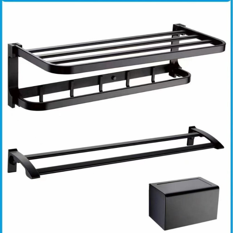Set kupaonskih dodataka od aluminijske legure: zidni vješalica za ručnike, vodoravni držač, držač papira, kukice i držač četkice za zahod; pet komada, anodizirani površina, moderan minimalistički stil
