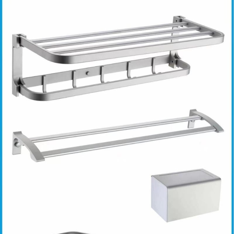 Set kupaonskih dodataka od aluminijske legure: zidni vješalica za ručnike, vodoravni držač, držač papira, kukice i držač četkice za zahod; pet komada, anodizirani površina, moderan minimalistički stil