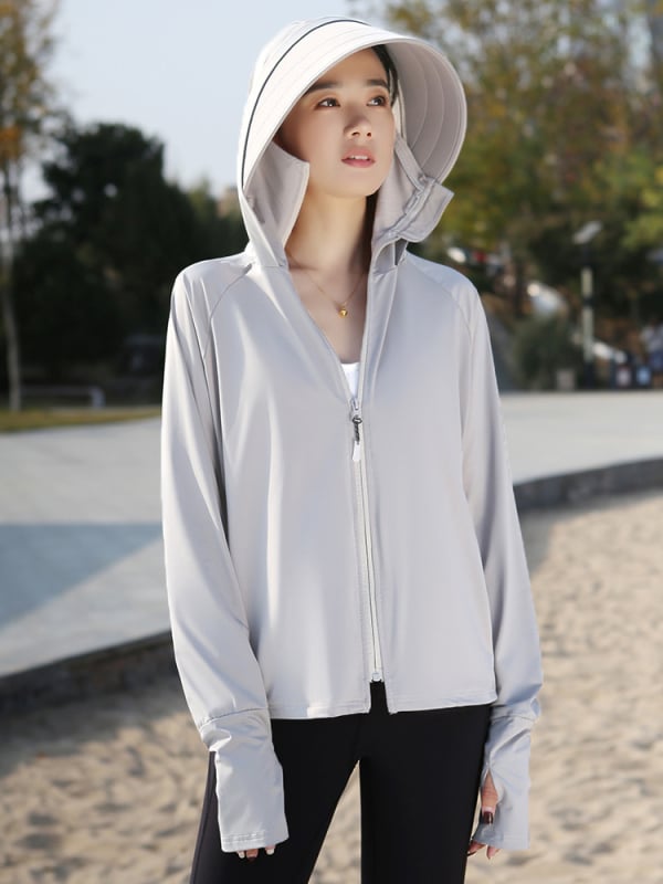 Top feminin cu protecție solară, cu margine largă și acoperire a feței integrată, croială lejeră, subțire și respirabil poliester-spandex, UPF50+