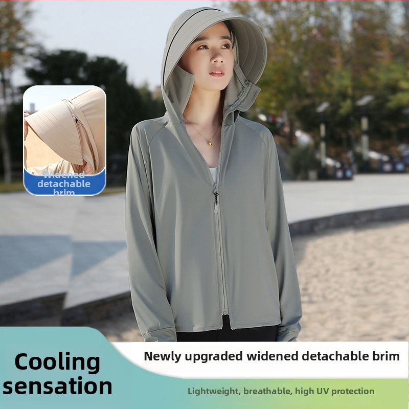 Top feminin cu protecție solară, cu margine largă și acoperire a feței integrată, croială lejeră, subțire și respirabil poliester-spandex, UPF50+