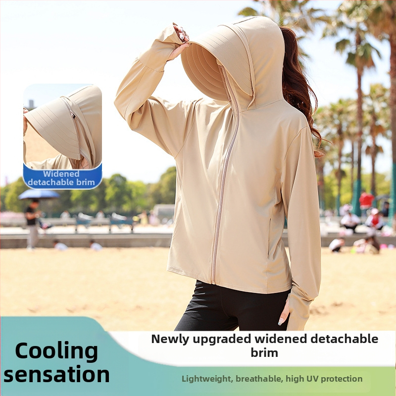 Top feminin cu protecție solară, cu margine largă și acoperire a feței integrată, croială lejeră, subțire și respirabil poliester-spandex, UPF50+