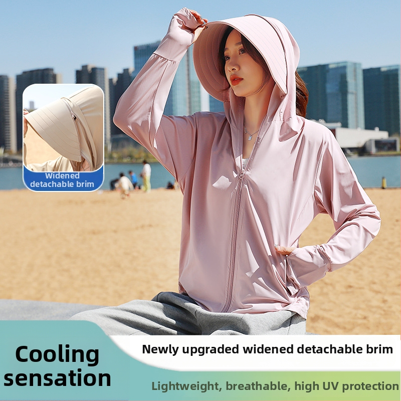 Top feminin cu protecție solară, cu margine largă și acoperire a feței integrată, croială lejeră, subțire și respirabil poliester-spandex, UPF50+