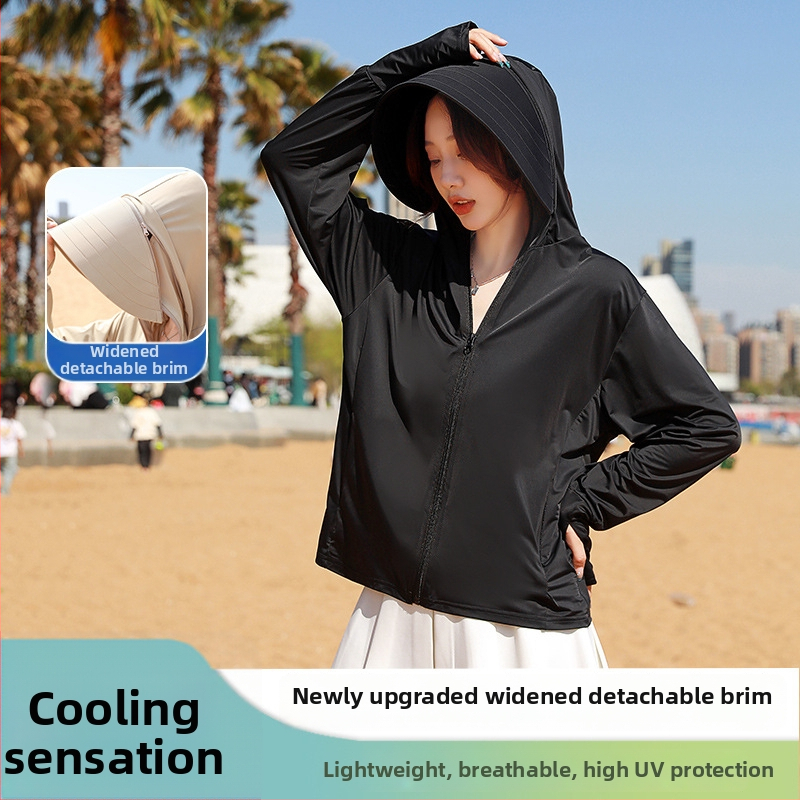 Top feminin cu protecție solară, cu margine largă și acoperire a feței integrată, croială lejeră, subțire și respirabil poliester-spandex, UPF50+