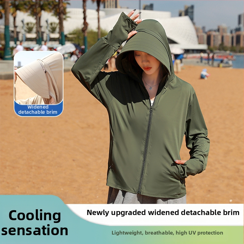 Top feminin cu protecție solară, cu margine largă și acoperire a feței integrată, croială lejeră, subțire și respirabil poliester-spandex, UPF50+