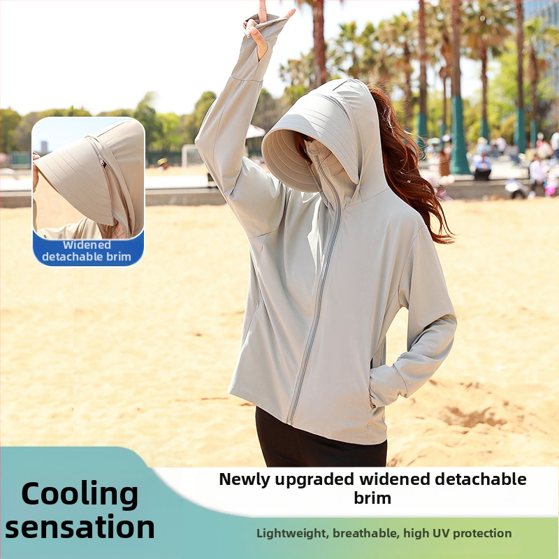 Top feminin cu protecție solară, cu margine largă și acoperire a feței integrată, croială lejeră, subțire și respirabil poliester-spandex, UPF50+