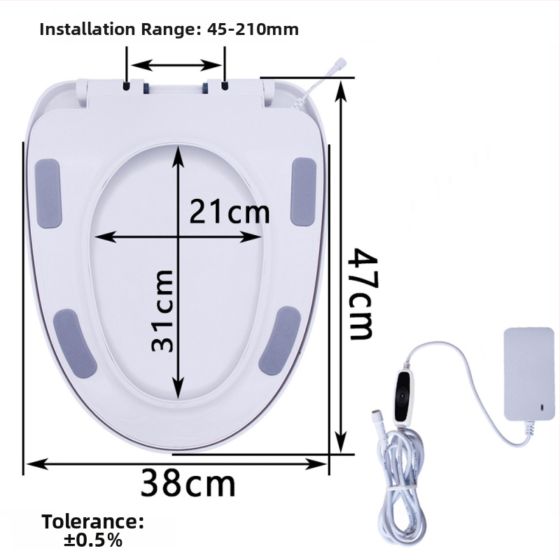 Toaletné sedadlo s termostatickým vykurovaním, klasický veľký U tvar, elektrické vykurovanie s konštantnou teplotou, materiál PP doska, nastaviteľná vzdialenosť montážnych otvorov 12–17 cm