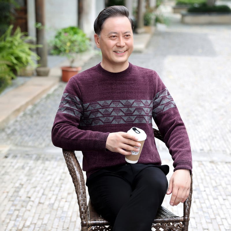 Férfi vastag kötött pulóver kerek nyakkal, hosszú ujjak, gyapjúkeverék 46-50%, poliészter