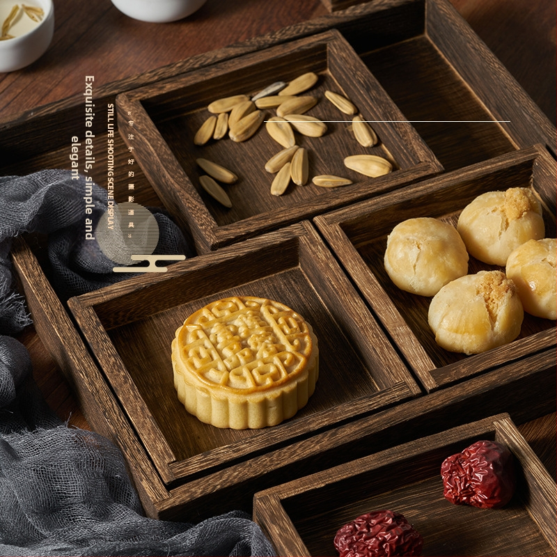 Vintage čajový podnos – rekvizita pre fotografovanie jedál, tanier v starožitnom štýle pre still life s mooncake, národný štýl fotografovania