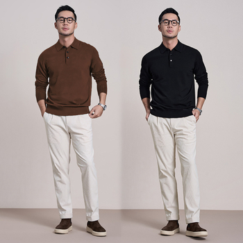 100% finom gyapjú férfi pulóver, Slim Fit, turn-down gallér, géppel mosható, bordázott szegély