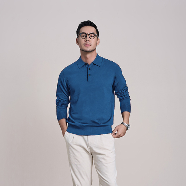 100% finom gyapjú férfi pulóver, Slim Fit, turn-down gallér, géppel mosható, bordázott szegély