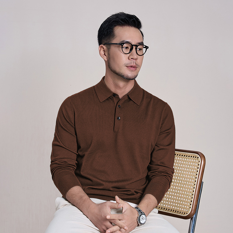 100% finom gyapjú férfi pulóver, Slim Fit, turn-down gallér, géppel mosható, bordázott szegély