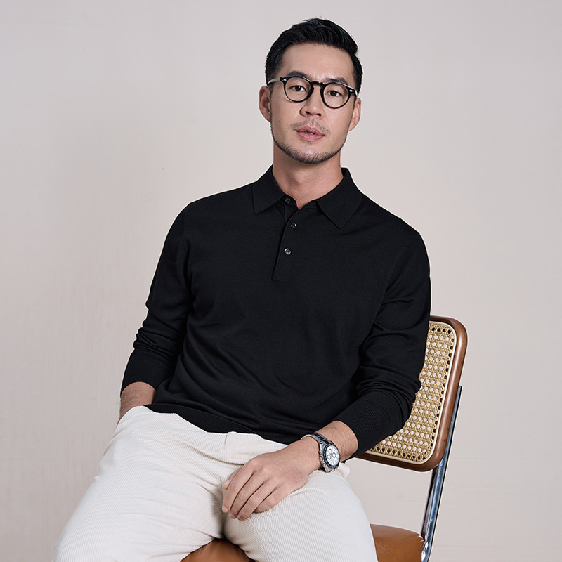 100% finom gyapjú férfi pulóver, Slim Fit, turn-down gallér, géppel mosható, bordázott szegély