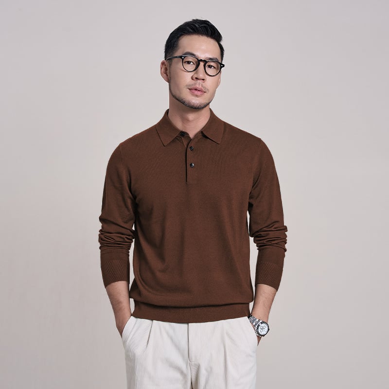 100% finom gyapjú férfi pulóver, Slim Fit, turn-down gallér, géppel mosható, bordázott szegély