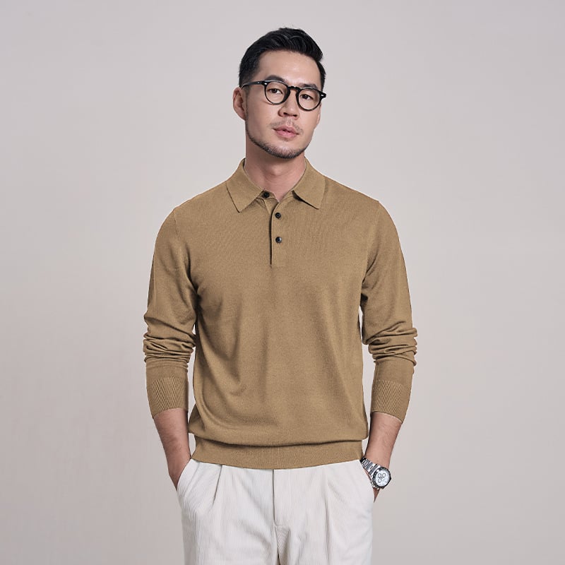 100% finom gyapjú férfi pulóver, Slim Fit, turn-down gallér, géppel mosható, bordázott szegély