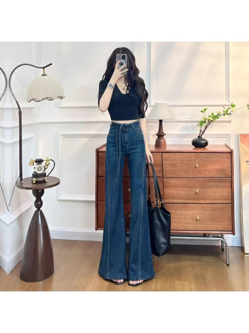 Τζιν με patchwork, ψηλή μέση, φαρδιά γραμμή, 70–80% βαμβάκι