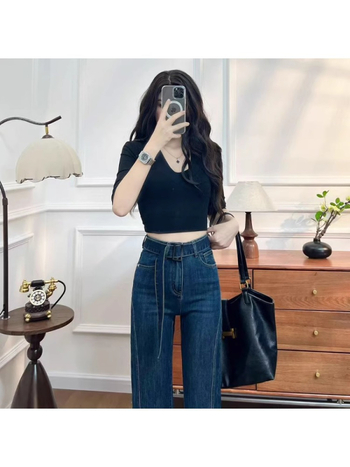 Τζιν με patchwork, ψηλή μέση, φαρδιά γραμμή, 70–80% βαμβάκι