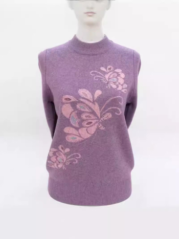 Dámsky vlnený sveter s polovičným golierom, voľný strih, kvetinová výšivka, dlhé rukávy