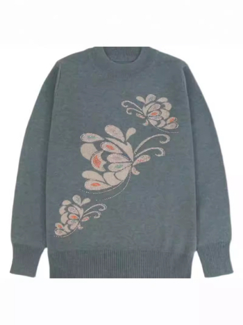Dámsky vlnený sveter s polovičným golierom, voľný strih, kvetinová výšivka, dlhé rukávy