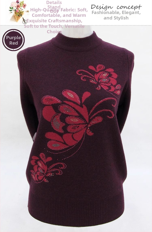 Dámsky vlnený sveter s polovičným golierom, voľný strih, kvetinová výšivka, dlhé rukávy