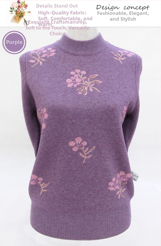 Dámsky vlnený sveter s polovičným golierom, voľný strih, kvetinová výšivka, dlhé rukávy