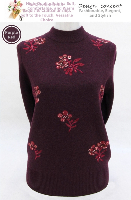 Dámsky vlnený sveter s polovičným golierom, voľný strih, kvetinová výšivka, dlhé rukávy