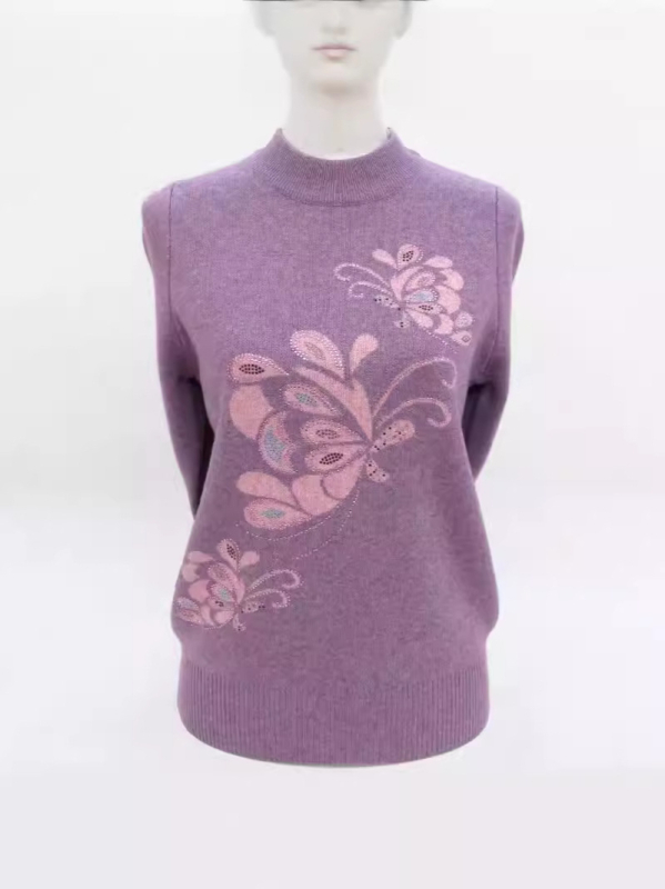 Dámsky vlnený sveter s polovičným golierom, voľný strih, kvetinová výšivka, dlhé rukávy