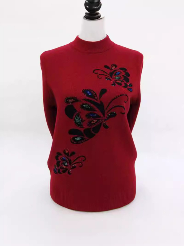 Dámsky vlnený sveter s polovičným golierom, voľný strih, kvetinová výšivka, dlhé rukávy