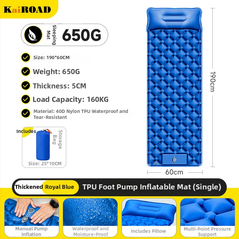 Kempingezéshez felfújható matrac – ultrakönnyű, hordozható és csatlakoztatható; Anyag: bőrbarát szövet + magas rugalmasságú hab; 1–2 fő számára; Nettó súly: 3000 g; Automatikus felfújás