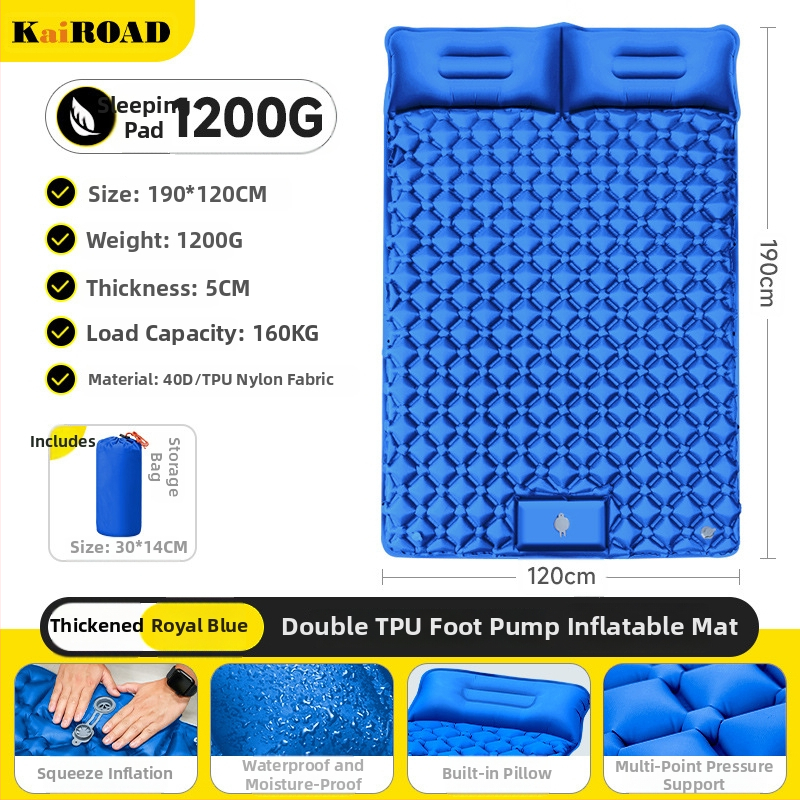 Kempingezéshez felfújható matrac – ultrakönnyű, hordozható és csatlakoztatható; Anyag: bőrbarát szövet + magas rugalmasságú hab; 1–2 fő számára; Nettó súly: 3000 g; Automatikus felfújás