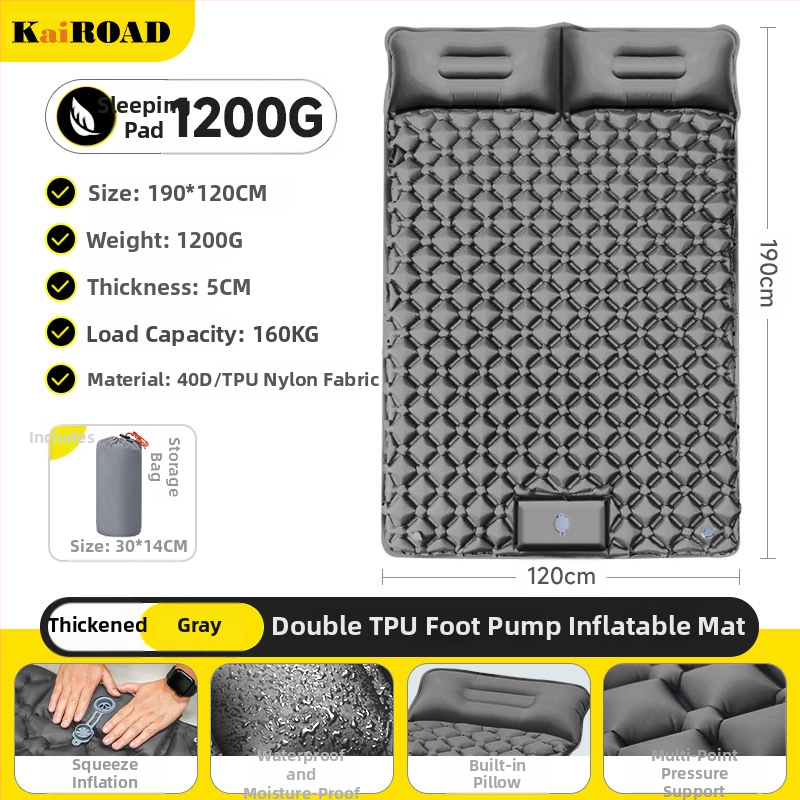 Kempingezéshez felfújható matrac – ultrakönnyű, hordozható és csatlakoztatható; Anyag: bőrbarát szövet + magas rugalmasságú hab; 1–2 fő számára; Nettó súly: 3000 g; Automatikus felfújás