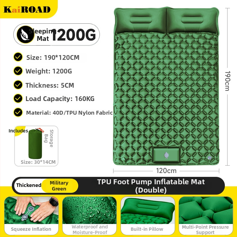 Kempingezéshez felfújható matrac – ultrakönnyű, hordozható és csatlakoztatható; Anyag: bőrbarát szövet + magas rugalmasságú hab; 1–2 fő számára; Nettó súly: 3000 g; Automatikus felfújás