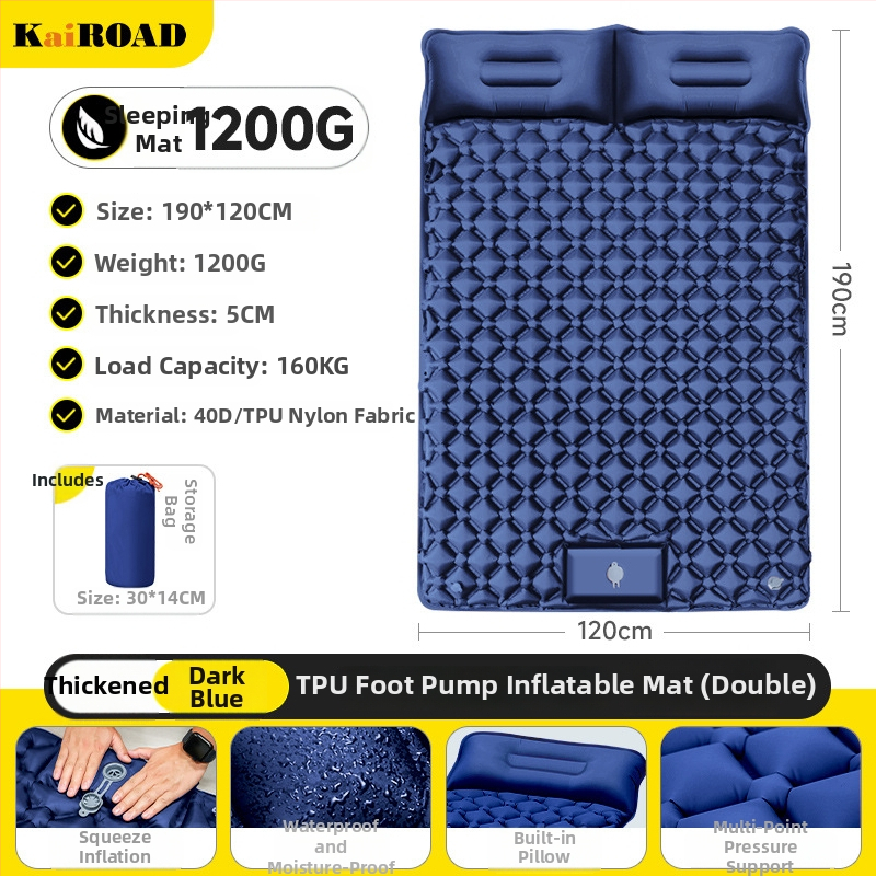 Kempingezéshez felfújható matrac – ultrakönnyű, hordozható és csatlakoztatható; Anyag: bőrbarát szövet + magas rugalmasságú hab; 1–2 fő számára; Nettó súly: 3000 g; Automatikus felfújás