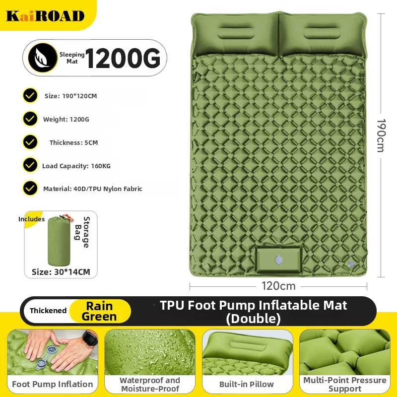 Kempingezéshez felfújható matrac – ultrakönnyű, hordozható és csatlakoztatható; Anyag: bőrbarát szövet + magas rugalmasságú hab; 1–2 fő számára; Nettó súly: 3000 g; Automatikus felfújás