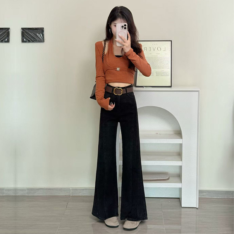 Τζιν με επένδυση φλίς, φαρδιά πόδια, ψηλή μέση, denim με 70-80% βαμβάκι και 20-30% πολυεστέρα, παχύ ύφασμα, μικροελαστικότητα