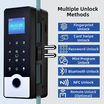 Okos üveges ajtózár ujjlenyomat és jelszó hozzáféréssel, keret nélküli dupla ajtó kialakítás, modell 618, DC táplálás, szkennelési idő <0,1 s, iroda/lakás/üzlet számára, modern minimalist stílus