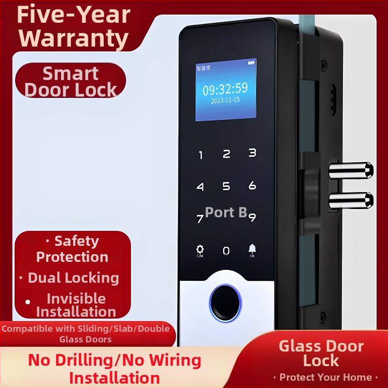 Okos üveges ajtózár ujjlenyomat és jelszó hozzáféréssel, keret nélküli dupla ajtó kialakítás, modell 618, DC táplálás, szkennelési idő <0,1 s, iroda/lakás/üzlet számára, modern minimalist stílus