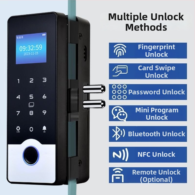 Okos üveges ajtózár ujjlenyomat és jelszó hozzáféréssel, keret nélküli dupla ajtó kialakítás, modell 618, DC táplálás, szkennelési idő <0,1 s, iroda/lakás/üzlet számára, modern minimalist stílus