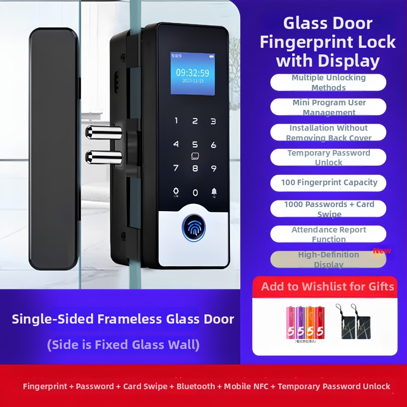 Okos üveges ajtózár ujjlenyomat és jelszó hozzáféréssel, keret nélküli dupla ajtó kialakítás, modell 618, DC táplálás, szkennelési idő <0,1 s, iroda/lakás/üzlet számára, modern minimalist stílus