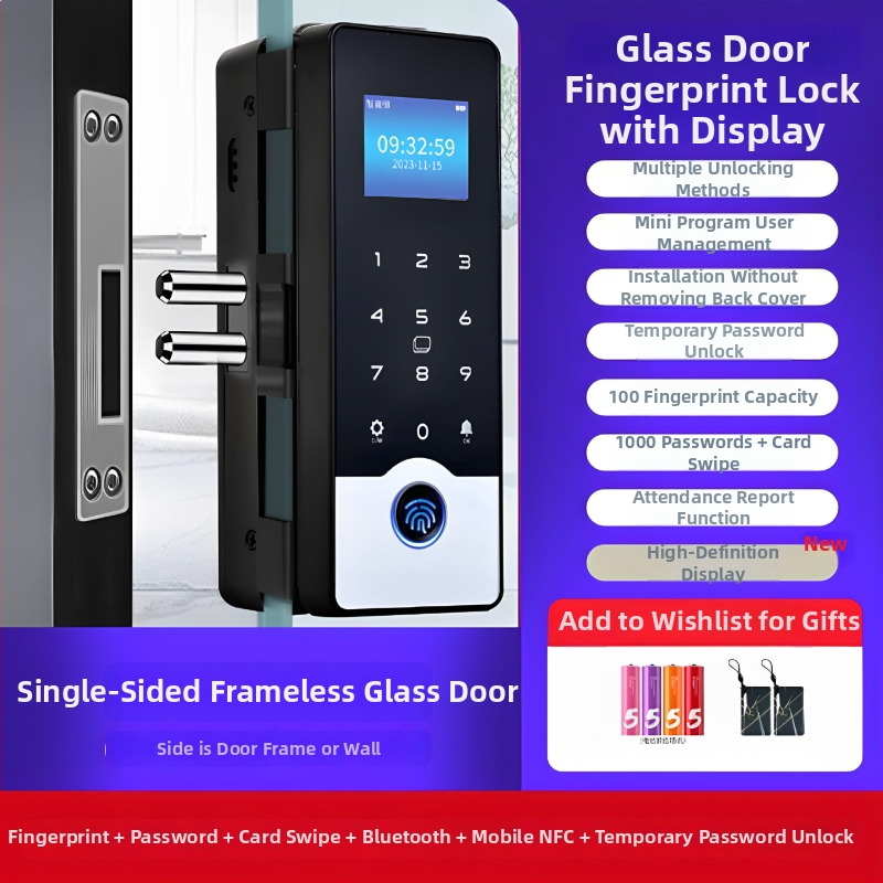 Okos üveges ajtózár ujjlenyomat és jelszó hozzáféréssel, keret nélküli dupla ajtó kialakítás, modell 618, DC táplálás, szkennelési idő <0,1 s, iroda/lakás/üzlet számára, modern minimalist stílus