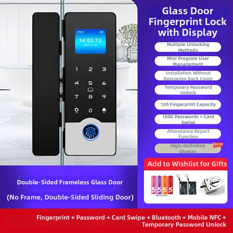 Okos üveges ajtózár ujjlenyomat és jelszó hozzáféréssel, keret nélküli dupla ajtó kialakítás, modell 618, DC táplálás, szkennelési idő <0,1 s, iroda/lakás/üzlet számára, modern minimalist stílus