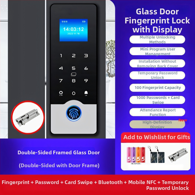 Okos üveges ajtózár ujjlenyomat és jelszó hozzáféréssel, keret nélküli dupla ajtó kialakítás, modell 618, DC táplálás, szkennelési idő <0,1 s, iroda/lakás/üzlet számára, modern minimalist stílus