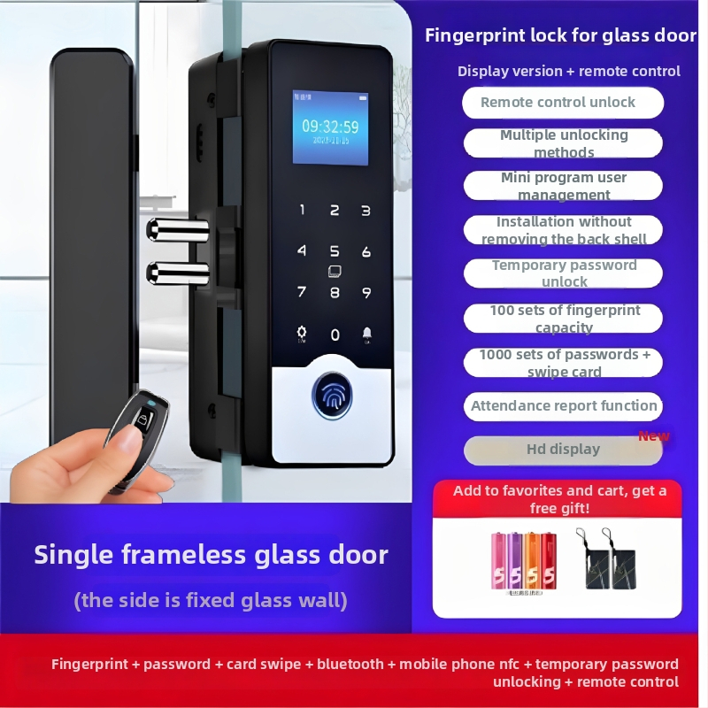 Okos üveges ajtózár ujjlenyomat és jelszó hozzáféréssel, keret nélküli dupla ajtó kialakítás, modell 618, DC táplálás, szkennelési idő <0,1 s, iroda/lakás/üzlet számára, modern minimalist stílus
