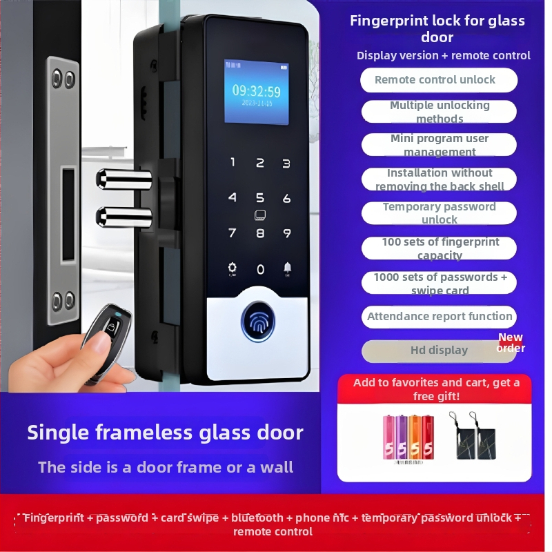 Okos üveges ajtózár ujjlenyomat és jelszó hozzáféréssel, keret nélküli dupla ajtó kialakítás, modell 618, DC táplálás, szkennelési idő <0,1 s, iroda/lakás/üzlet számára, modern minimalist stílus