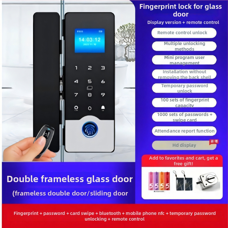 Okos üveges ajtózár ujjlenyomat és jelszó hozzáféréssel, keret nélküli dupla ajtó kialakítás, modell 618, DC táplálás, szkennelési idő <0,1 s, iroda/lakás/üzlet számára, modern minimalist stílus