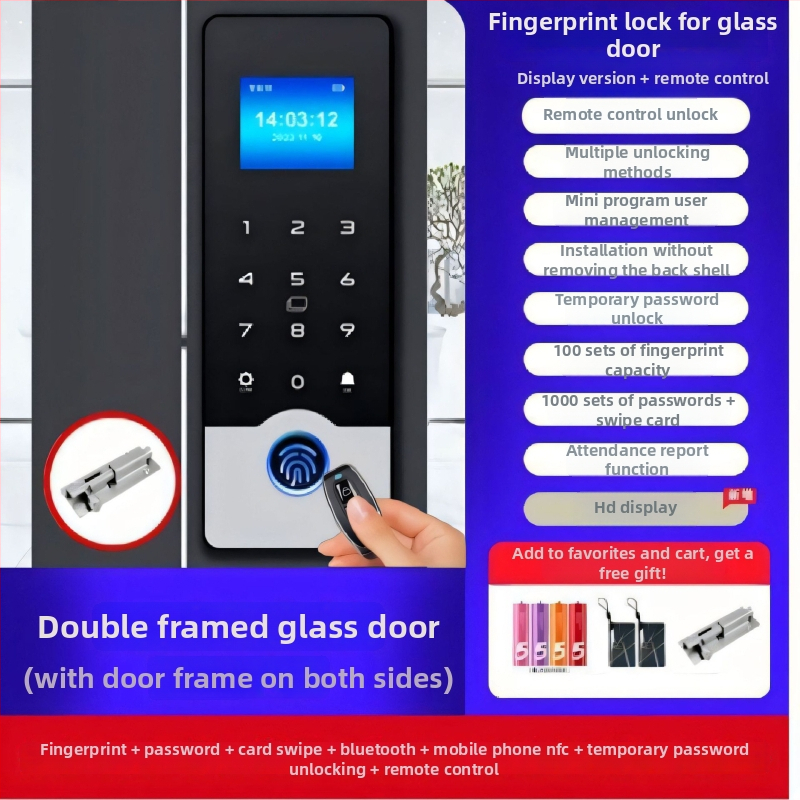 Okos üveges ajtózár ujjlenyomat és jelszó hozzáféréssel, keret nélküli dupla ajtó kialakítás, modell 618, DC táplálás, szkennelési idő <0,1 s, iroda/lakás/üzlet számára, modern minimalist stílus