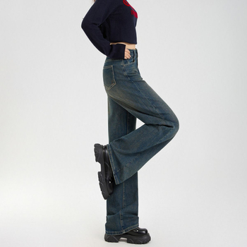 Τζιν με υψηλή μέση, ευρεία γραμμή ποδιών, μήκος μέχρι το πάτωμα, denim, βαμβάκι