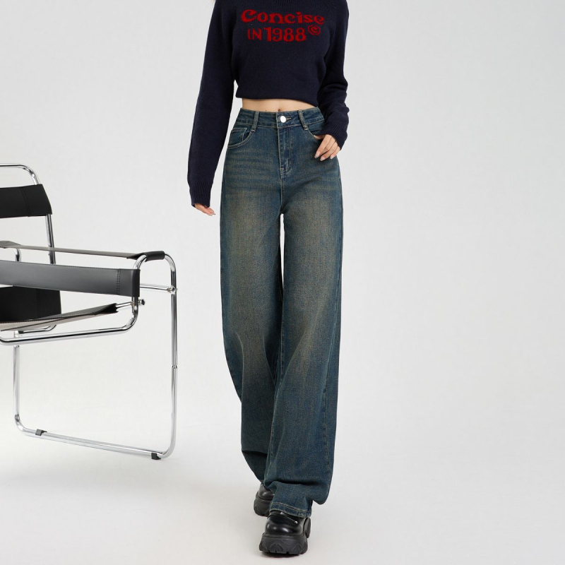 Τζιν με υψηλή μέση, ευρεία γραμμή ποδιών, μήκος μέχρι το πάτωμα, denim, βαμβάκι